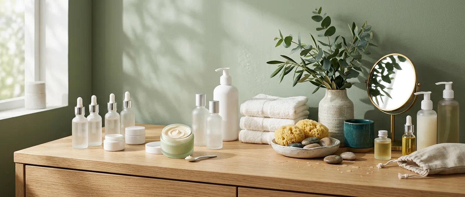 Sérums, cremas, toallas y un espejo sobre una cómoda de madera