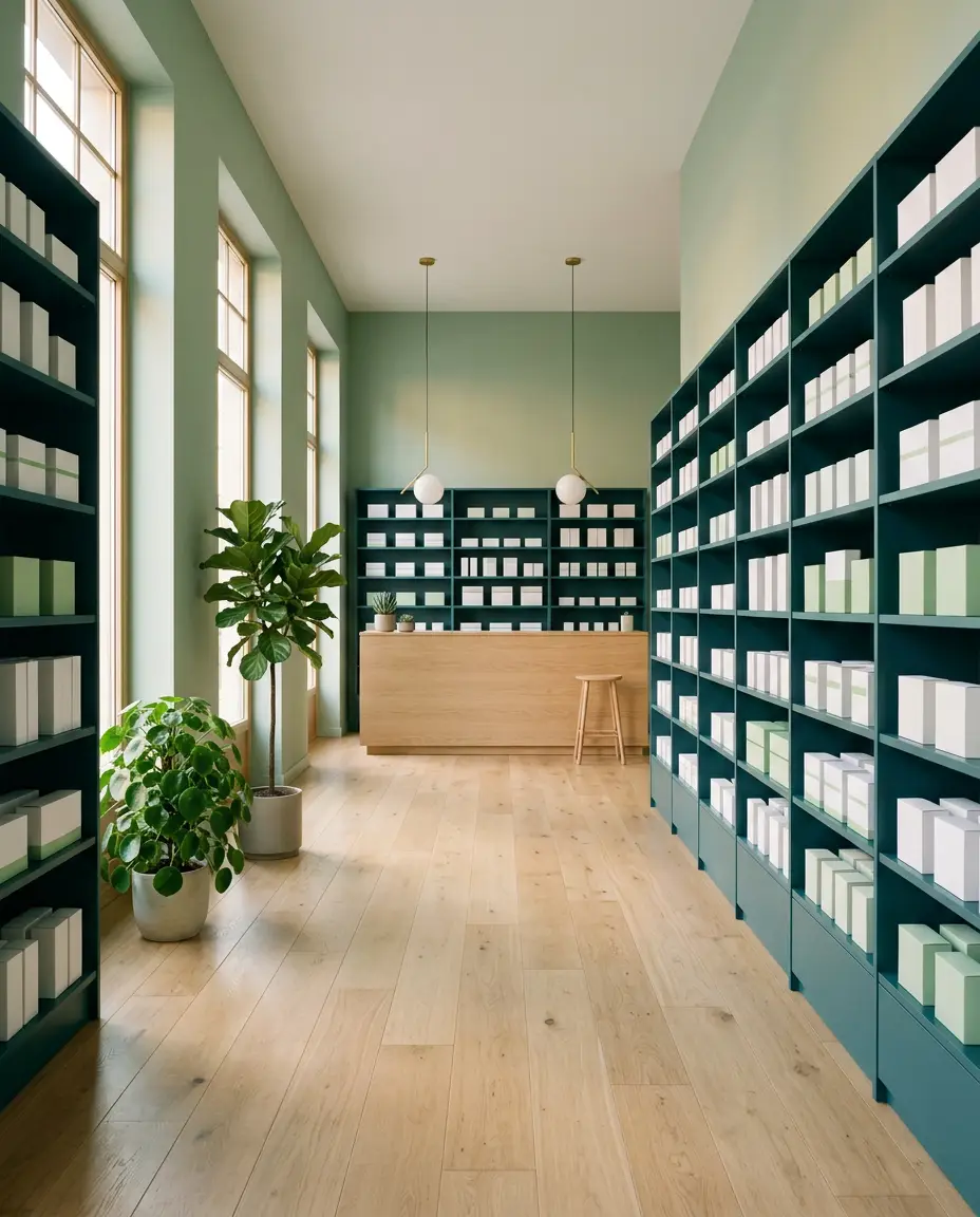 Interior de la farmacia con estanterías verdes a ambos lados y el mostrador al fondo