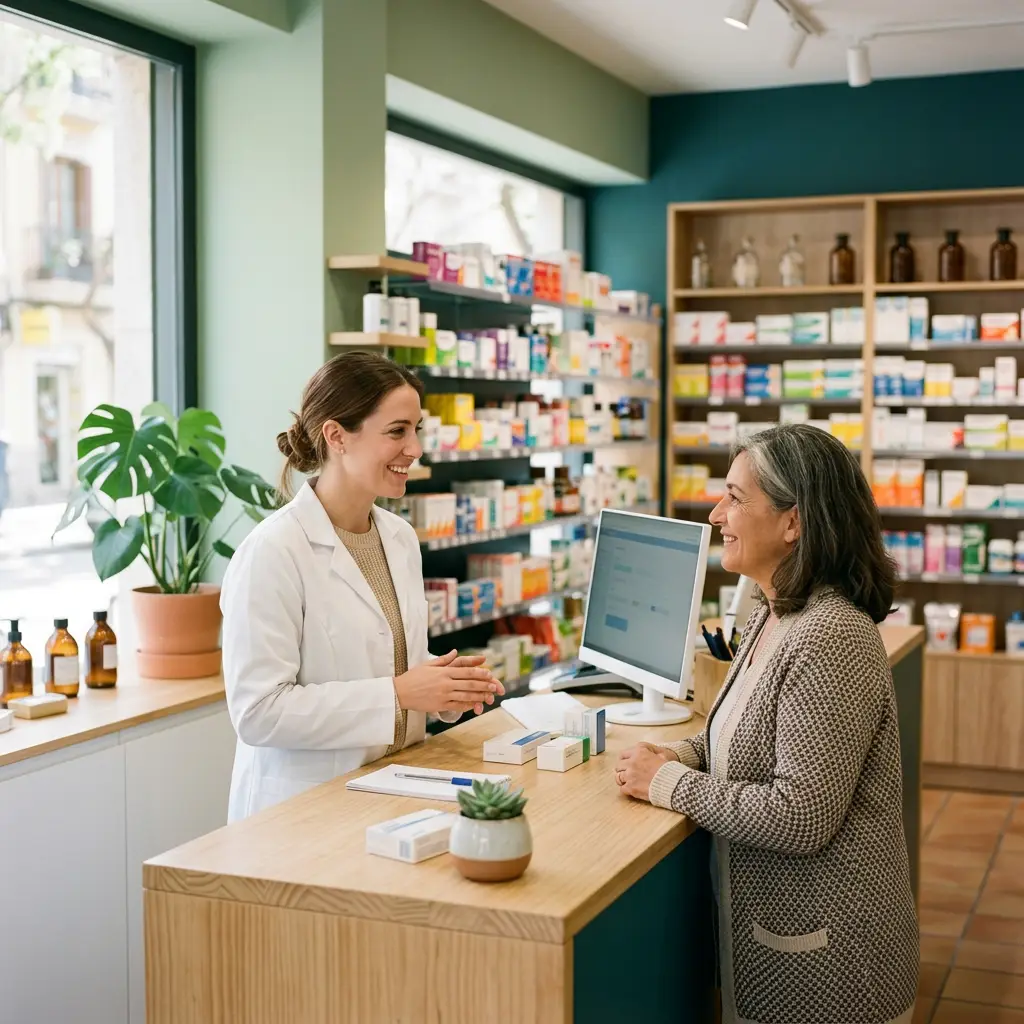 Una farmacéutica atiende a una clienta en el mostrador de la farmacia